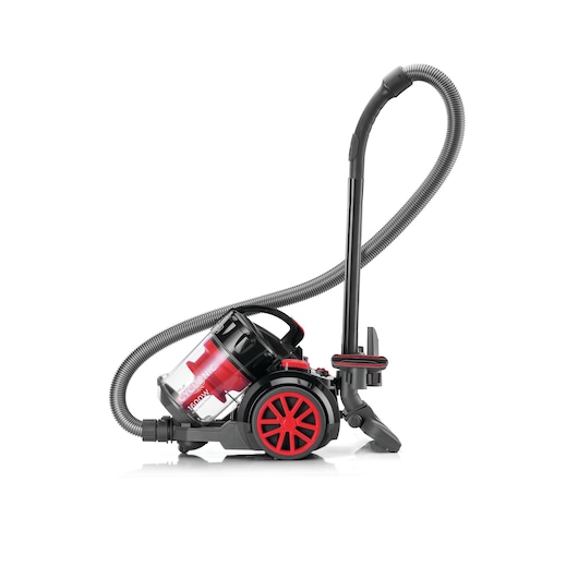 A BLACK+DECKER VM1680 canister vacuum cleaner with a transparent dust container, red and black design, large wheels, and a flexible hose. The vacuum is positioned on a white background.