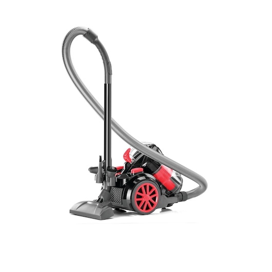 A modern canister vacuum cleaner with a black and red design, featuring large rear wheels and a flexible hose, positioned on a white background.