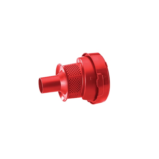 A red vacuum cleaner filter component with a cylindrical shape and perforated middle section, viewed on a white background.