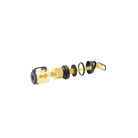 BLACKDECKER VM1880 vacuum filter assembly exploded view, showing all components with yellow directional arrows.