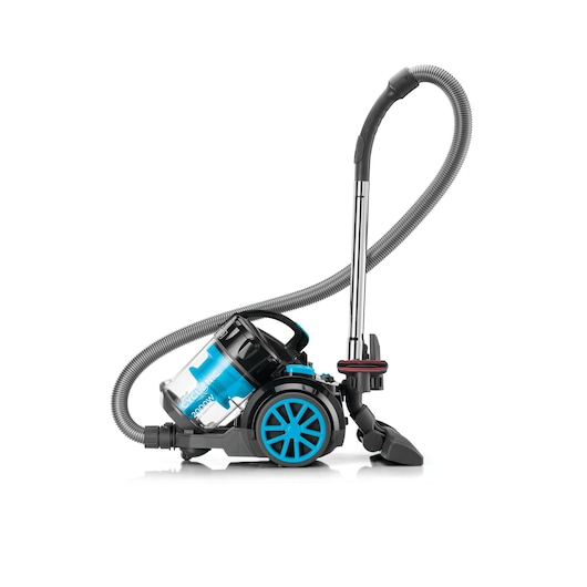 BLACKDECKER VM2080 blue and black canister vacuum cleaner side view on white background.