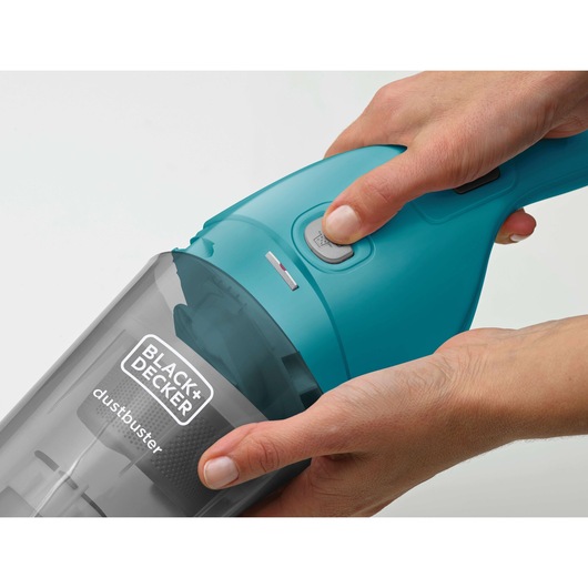 Photo of BLACK+DECKER handheld vacuum cleaner WDB115WA, close-up of blue unit with dustbuster label.