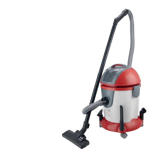 A wet and dry vacuum cleaner with a grey hose, black handle, and red and white body, designed for versatile cleaning tasks.