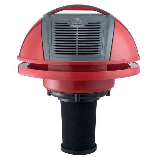 BLACKDECKER WV1400 wet and dry vacuum top with filter, red and grey, front angle on white background.