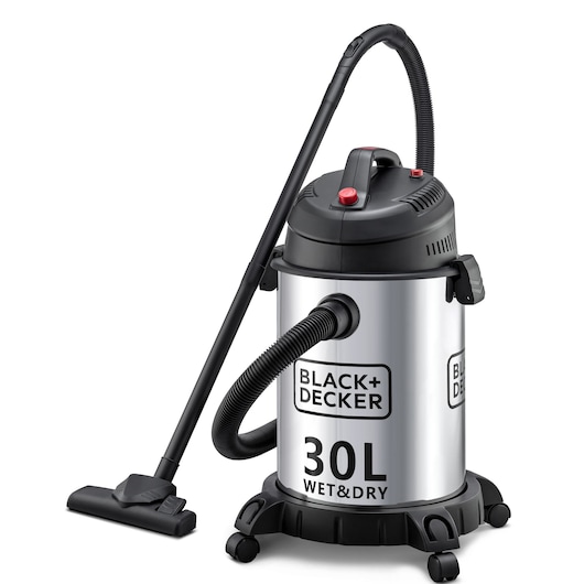 BLACK+DECKER WV1450 wet and dry vacuum cleaner with 30L stainless steel tank, flexible hose, and floor nozzle, side angle.