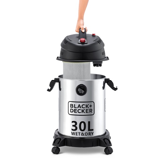 Photo of BLACK+DECKER WV1450 wet and dry vacuum, 30L stainless steel body, open top with visible filter, upright angle.