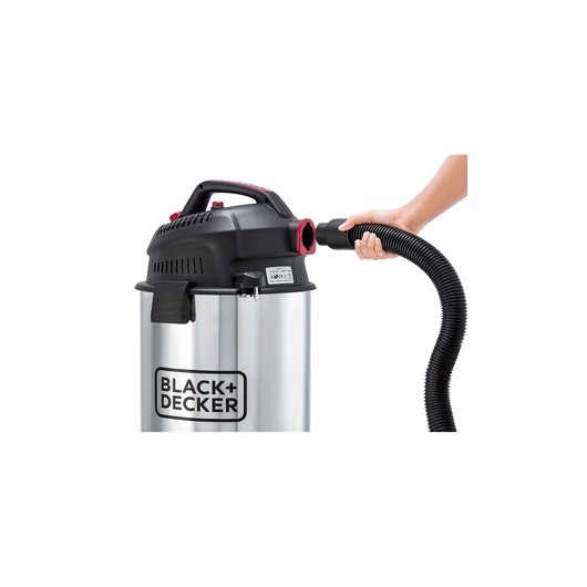 Photo of BLACK+DECKER WV1450 wet and dry vacuum cleaner with flexible hose, stainless steel body, side angle.