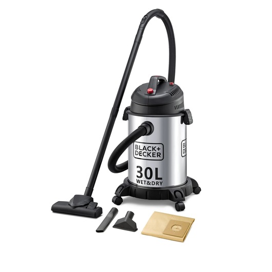 BLACK+DECKER WV1450 wet and dry vacuum, 30L stainless steel body, with hose, wand, nozzles, filter bag, front angle.