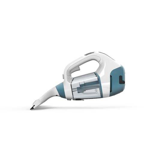 A handheld, cordless vacuum cleaner with a long nozzle, shown in a side view. The device is primarily white with blue accents and features a transparent dust container.