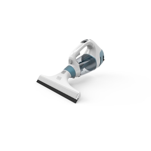 A BLACK+DECKER handheld window vacuum cleaner with a wide suction head, primarily white and blue in color, designed for cleaning windows and smooth surfaces.