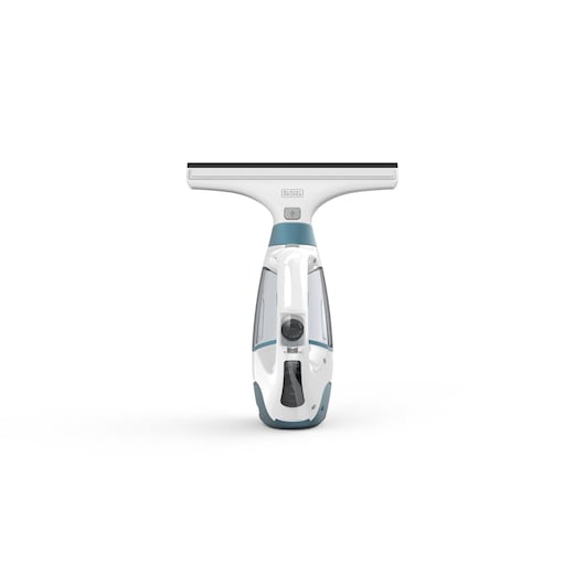 A front view of a BLACK+DECKER WW100 cordless window vacuum cleaner featuring a broad squeegee and compact design, shown against a white background.