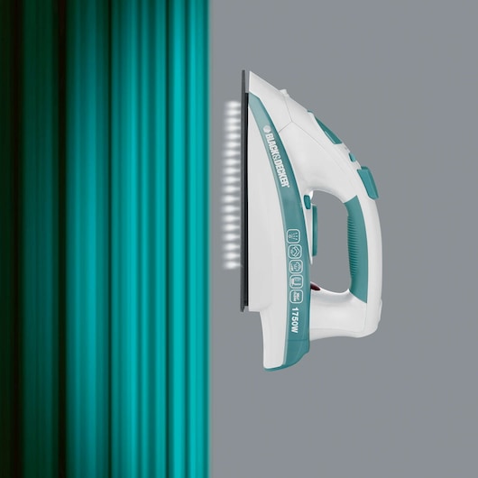 Photo of BLACK+DECKER X1600 steam iron, white and teal, side view, next to vertical teal-striped background.