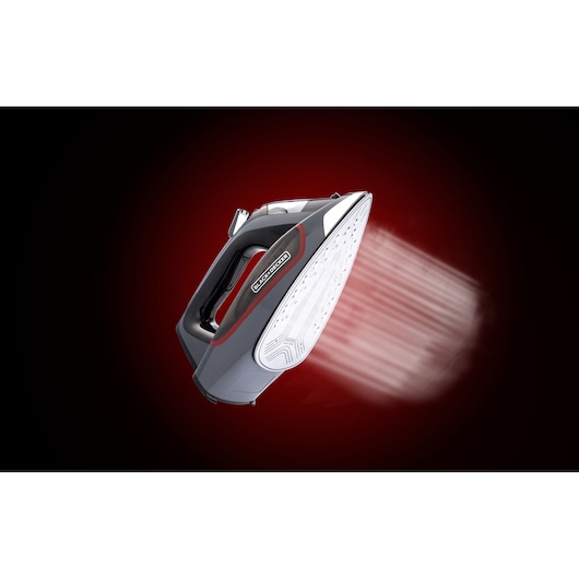 Photo of BLACKDECKER X2050 steam iron with gray and red design on a black and red gradient background.