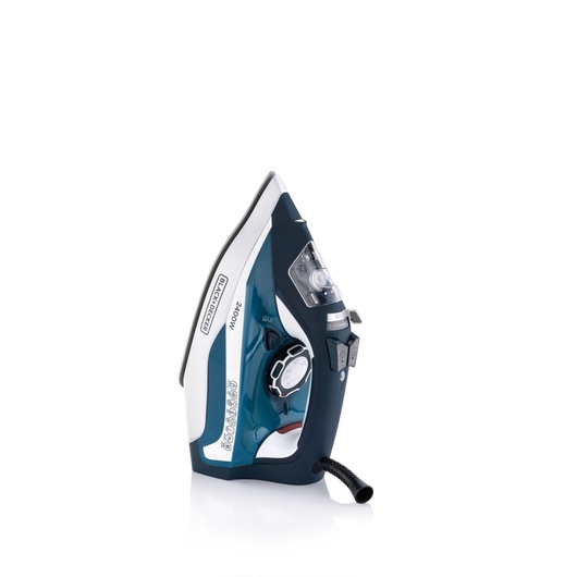 A BLACK+DECKER electric steam iron featuring a dark blue and white color scheme, standing upright on a white background. The iron has a visible water reservoir, control dial, and steam/spray buttons.