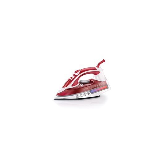 A red and white BLACK+DECKER steam iron with a visible water tank, modern design, and various control buttons.