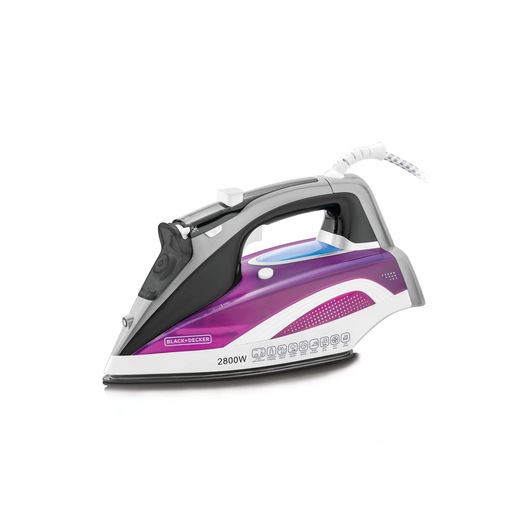 BLACKDECKER X2250 steam iron, purple and gray body, side angle on white background