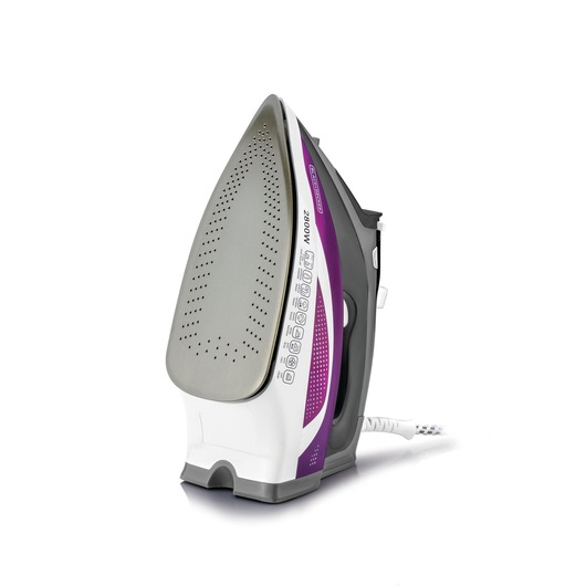 BLACKDECKER X2250 steam iron, white and purple, front angle on white background.