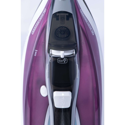 BLACKDECKER X2250 steam iron top view, purple and black body with ECO setting on display.