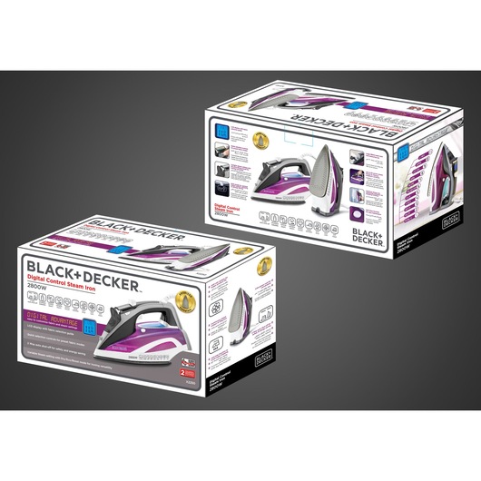 Photo of BLACK+DECKER X2250 Digital Control Steam Iron box, 2800W, shown from two angles with product and features visible.