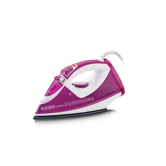 Purple and white BLACK+DECKER electric steam iron with visible control buttons and a textured handle, model X2450, shown on a white background.