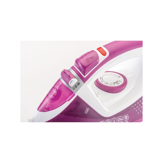 BLACKDECKER X2450 steam iron in pink and white, close-up on controls and temperature dial, product on white background.