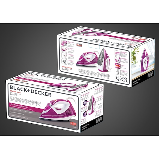 Photo of BLACK+DECKER X2450 steam iron packaging, white and purple box, showing product features and images.