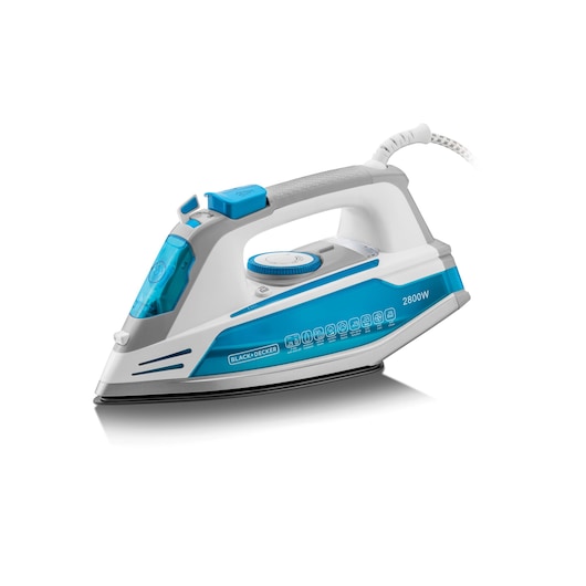Photo of BLACK+DECKER X2800 steam iron, white and blue, side angle on white background.