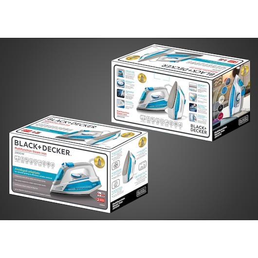 Photo of BLACK+DECKER X2800 multifunction steam iron packaging, showing features, product images, and blue accents.