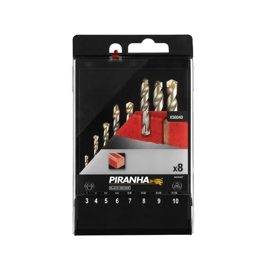 BLACKDECKER X56040 masonry drill bit set, 8 pieces, gold color, front angle on white background.