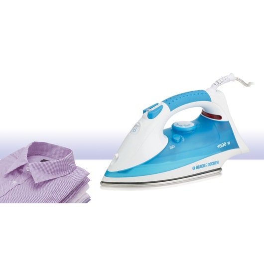 BLACKDECKER X810R steam iron with blue and white design next to folded purple shirts, front angle.