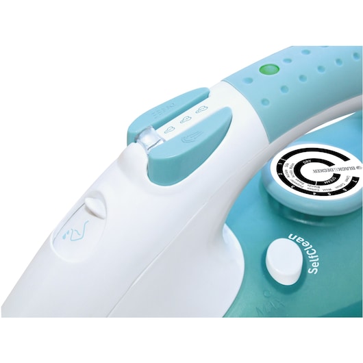 BLACKDECKER X810R steam iron close-up, showing control buttons and steam settings on white background.