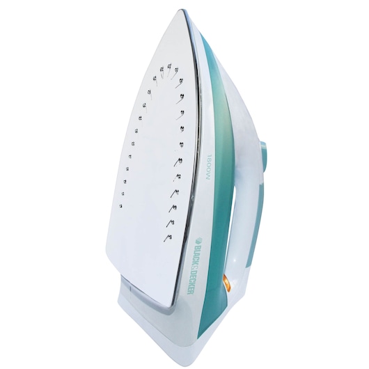 BLACKDECKER X810R steam iron with stainless steel soleplate, aqua and white, side angle on white background.