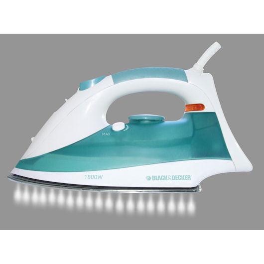 Photo of BLACK+DECKER X810R steam iron, white and teal, side angle view, visible brand and 1800W label.