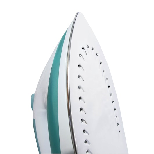 BLACK+DECKER steam iron X810R close-up, showing silver soleplate and teal accents, side angle.