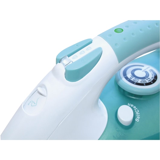 BLACKDECKER X810R steam iron top view, showing control buttons and temperature dial.
