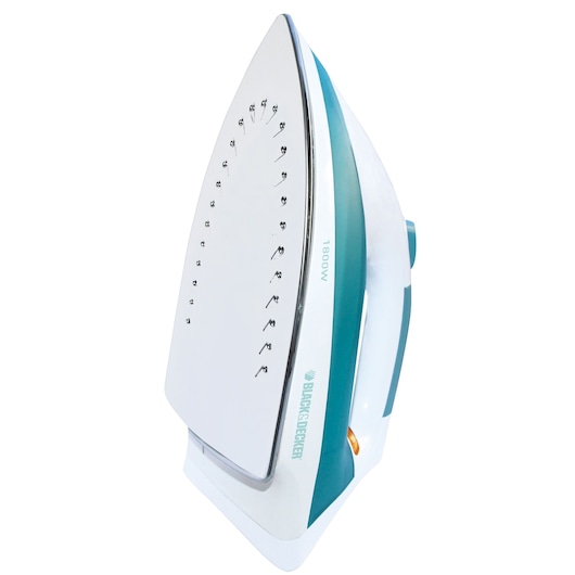 BLACKDECKER X810R steam iron with teal and white body shown upright on white background.