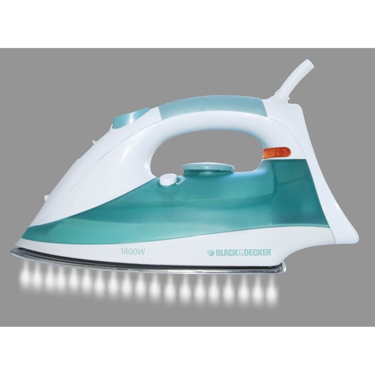 BLACK+DECKER X810R steam iron with teal and white body, side view, showing steam vents and control dial.
